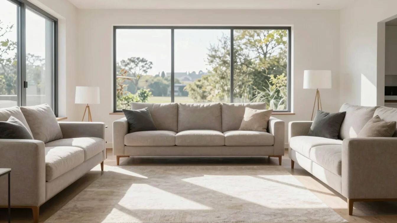 Freshly organized modern living room, natural window daylight, so
