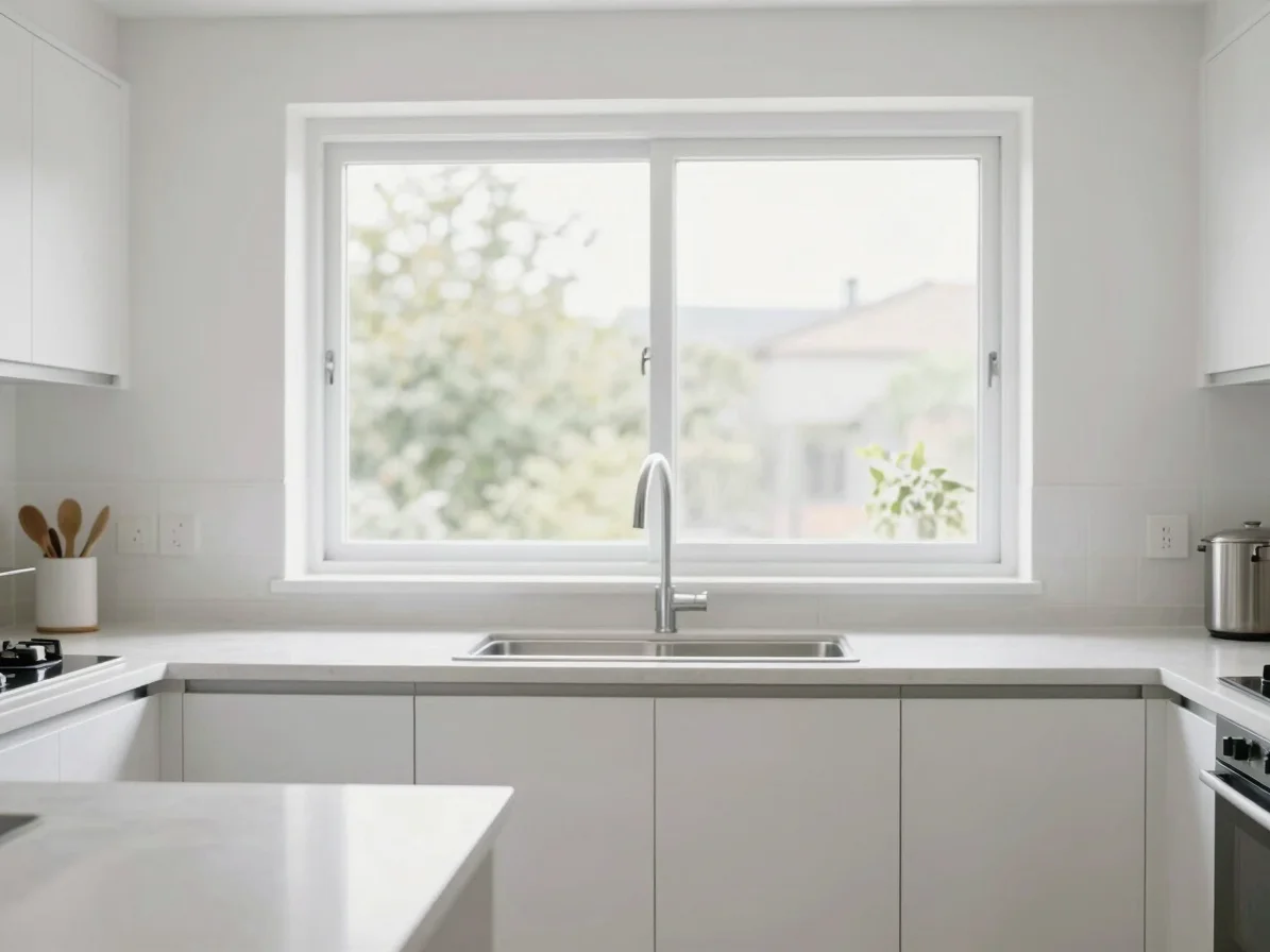 Bright, freshly organized home kitchen, natural window daylight,