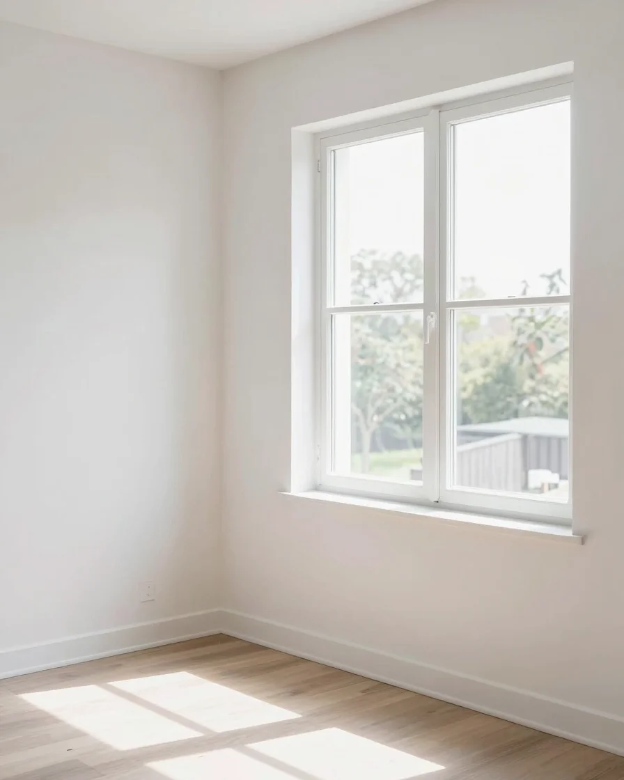 Sunlit, freshly organized modern home interior, crisp focus on a